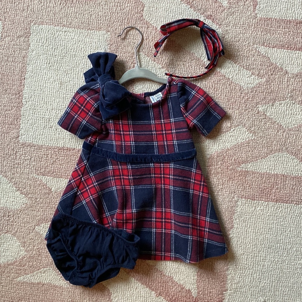 Janie and Jack Plaid Jacquard Dress and Bow Headband- Bradbury Red Plaid Holiday